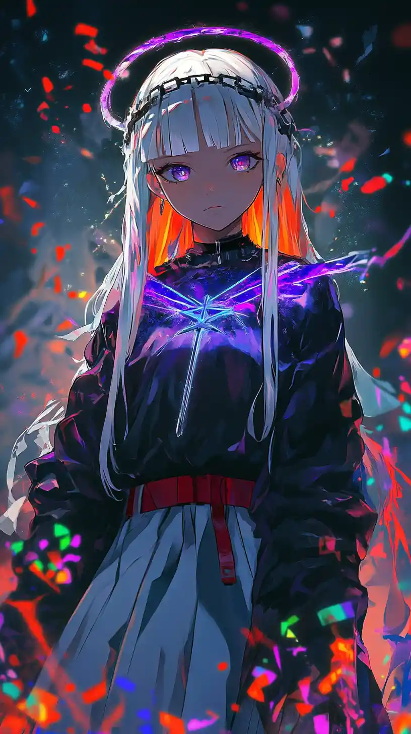 Ernstes Anime-Mädchen mit Doppel-Heiligenschein und leuchtendem Schwert