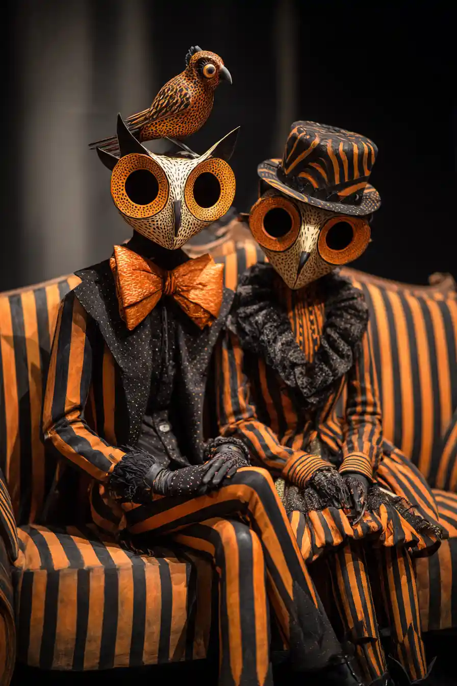 Surreal striped creatures seated together on a sofa