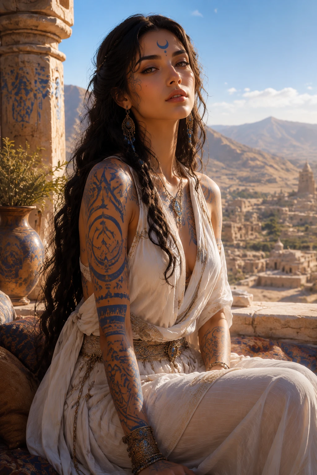 Serene woman with blue markings in sunlit mystical landscape