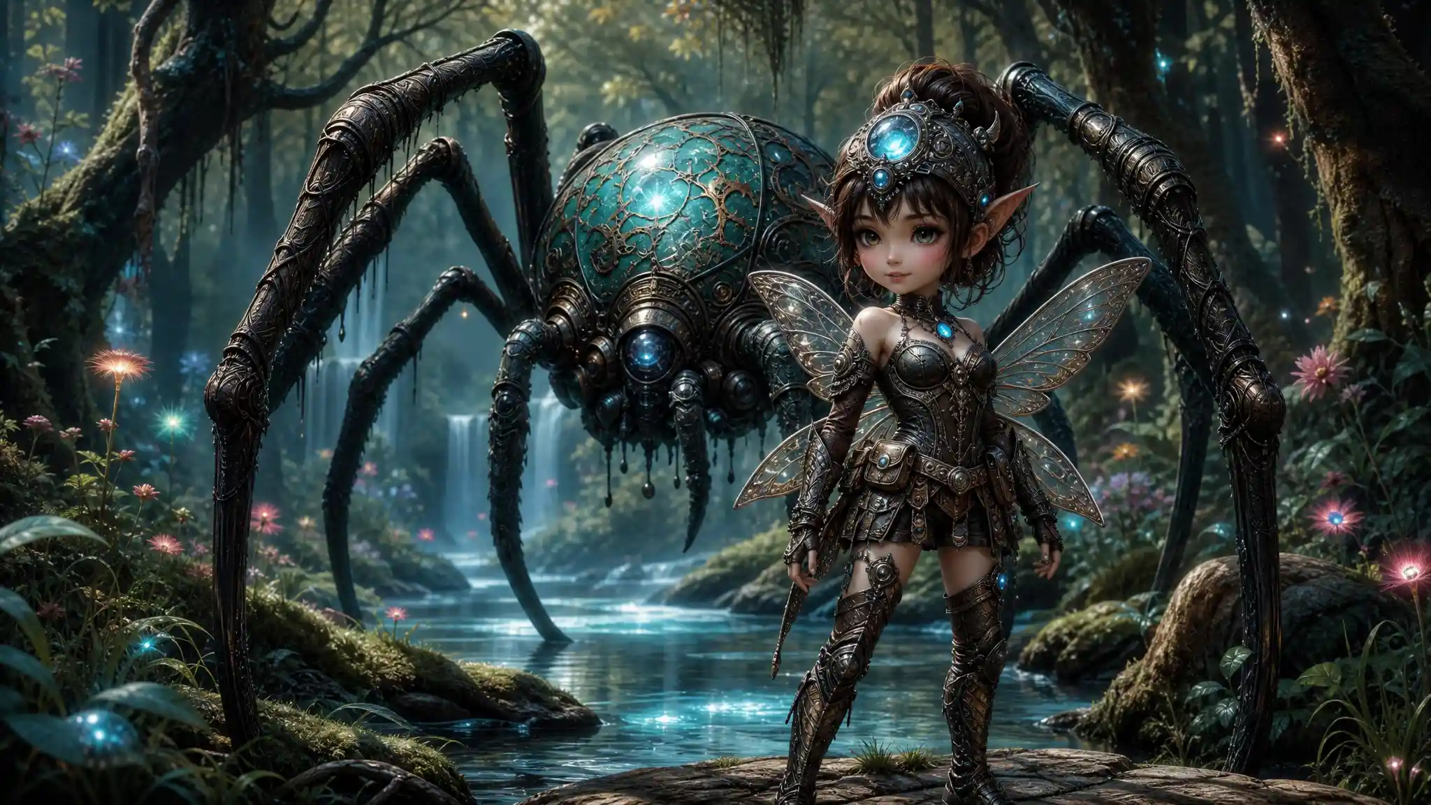 Tiny fairy princess warrior before her loyal spider companion