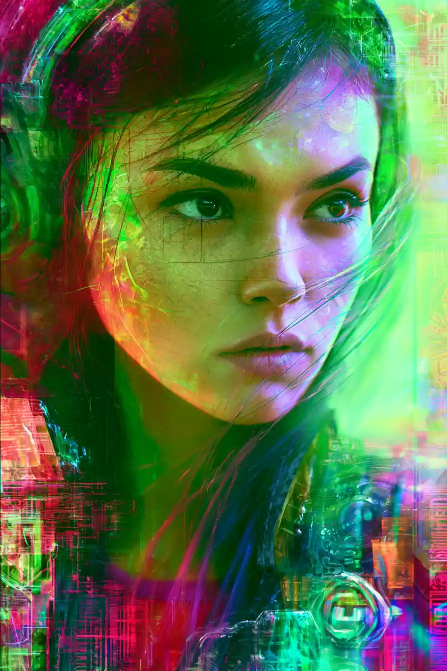 Neon anime woman in a dreamy cyberpunk holographic world