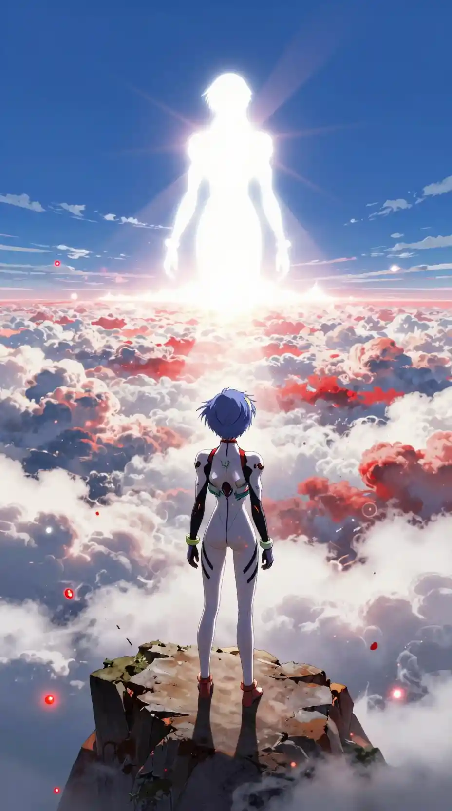 Anime woman on cliff above crimson cloud sea