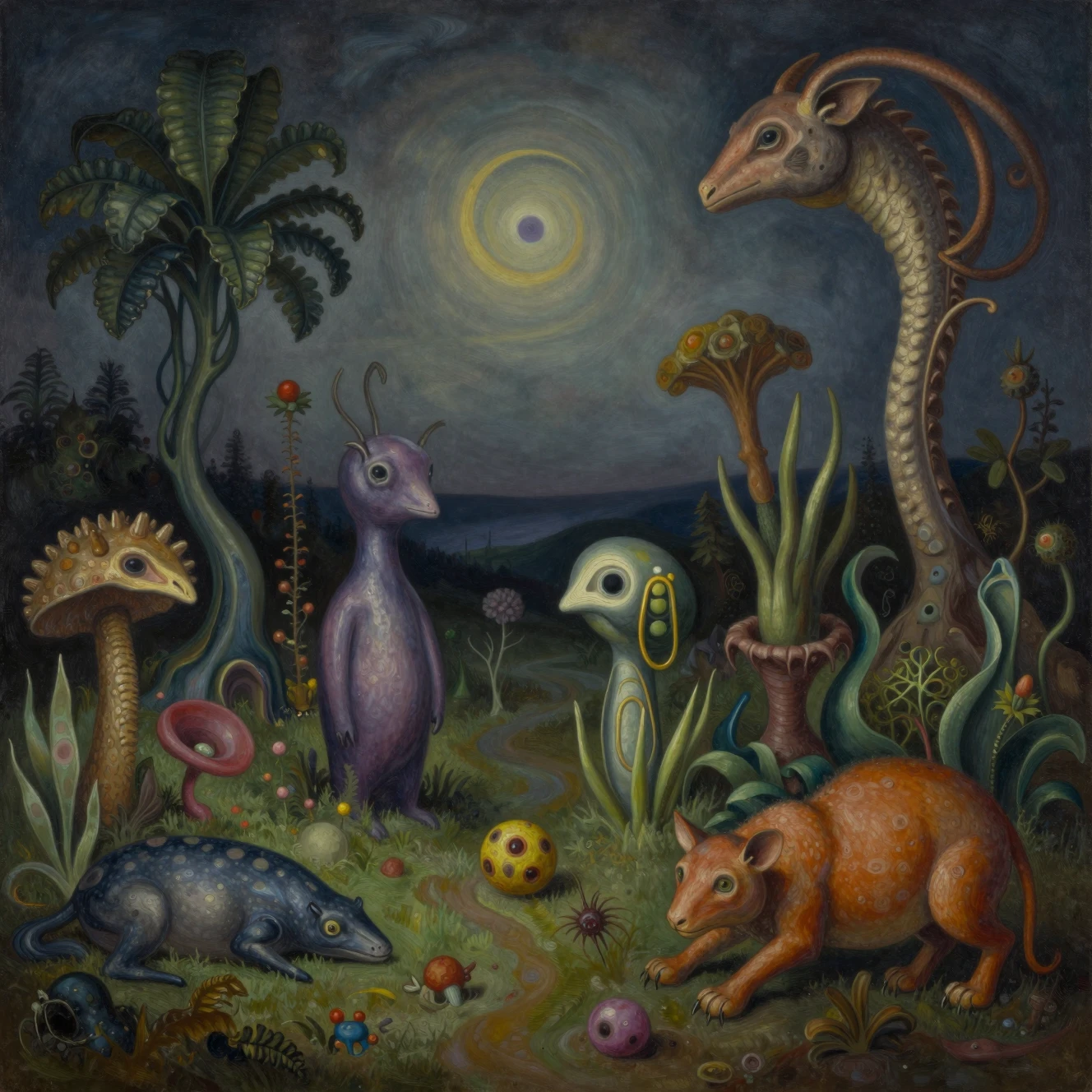 Surreal dreamlike landscape of warped botanical and animal forms