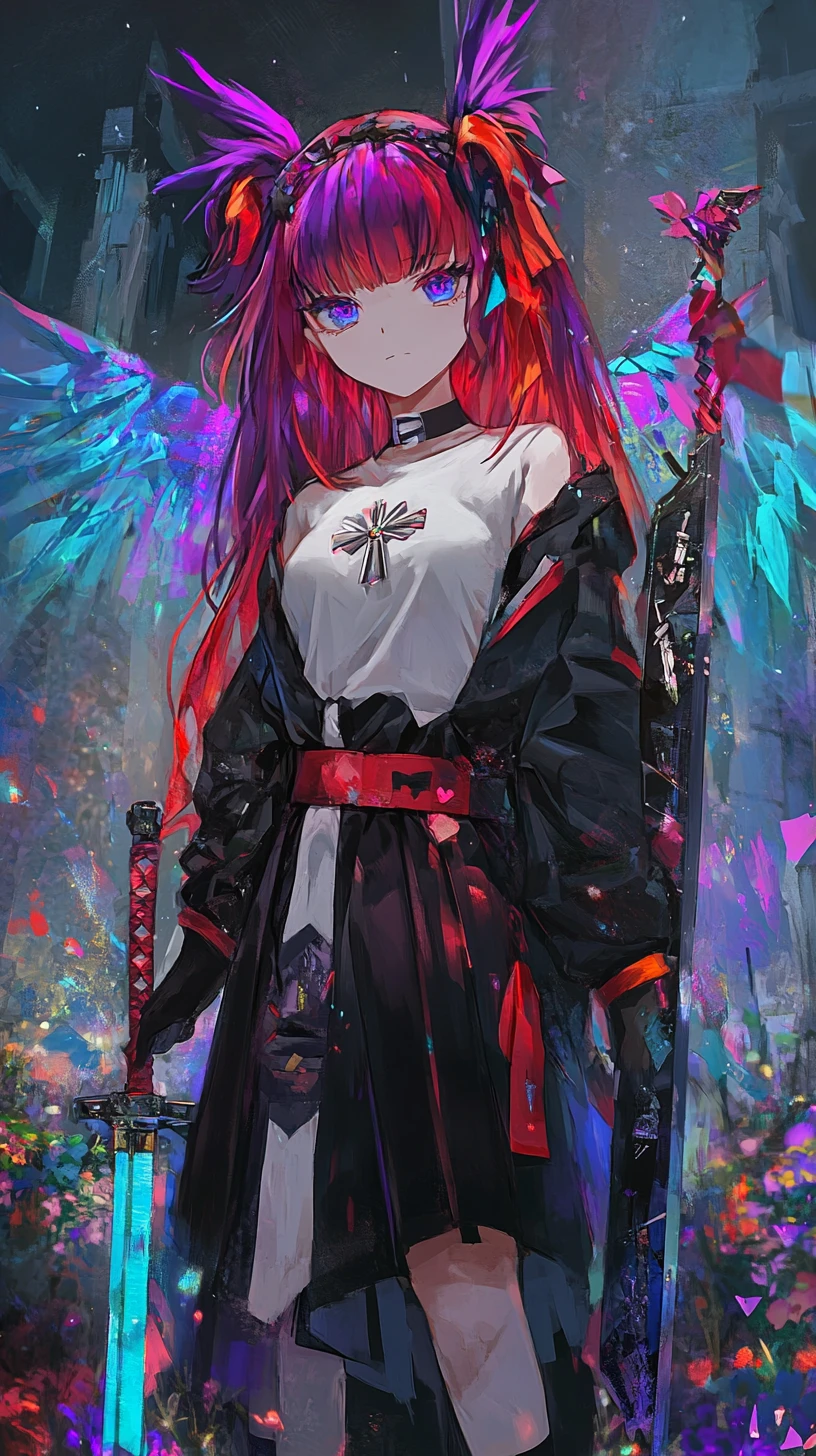 Serious anime girl with glowing wings and sword