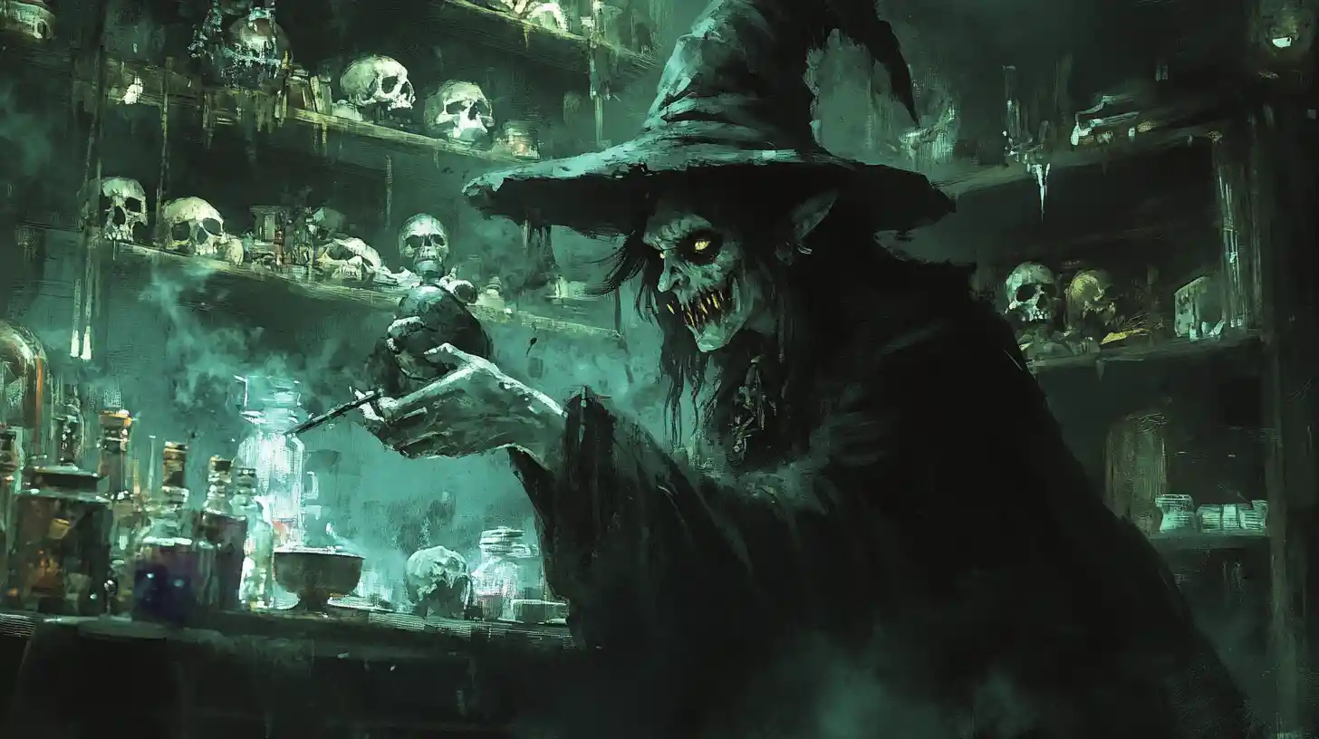 Sinister witch brewing a dark potion in a conjuring room