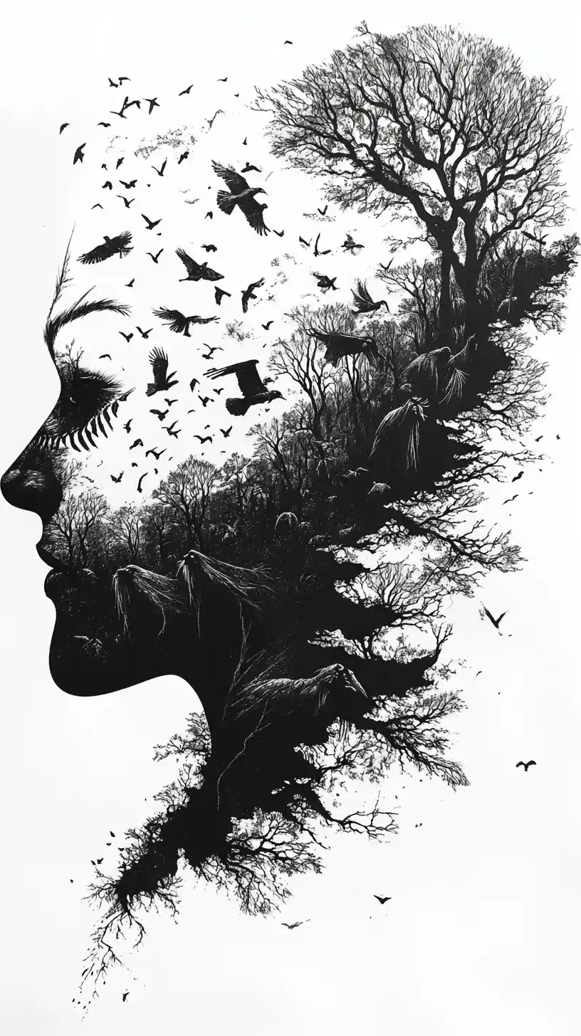 Surreal face silhouette filled with migrating fantasy ecosystem