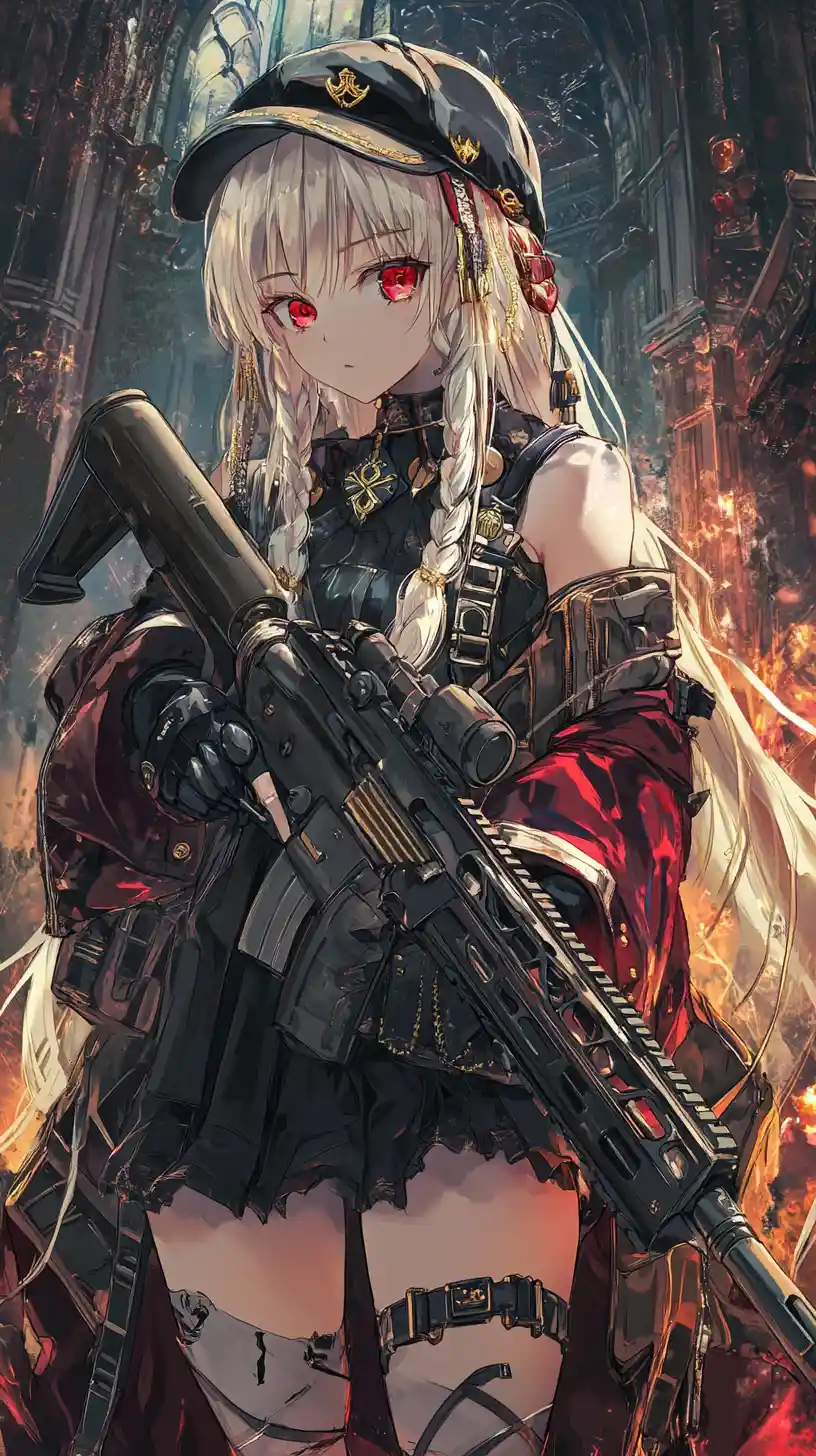 Anime girl aiming a rifle in a burning war zone