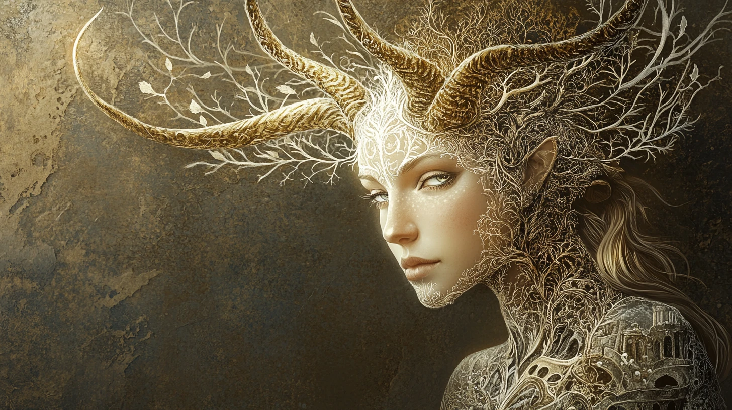 Mystical horned woman with luminous filigree skin portrait