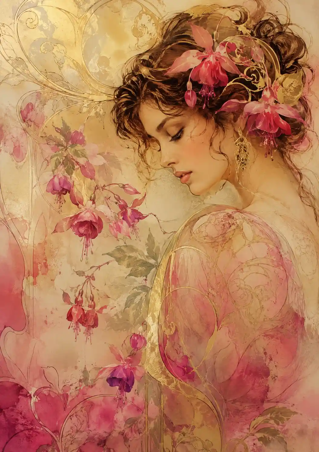 Elegant lady with fuchsia flowers in flowing art nouveau style