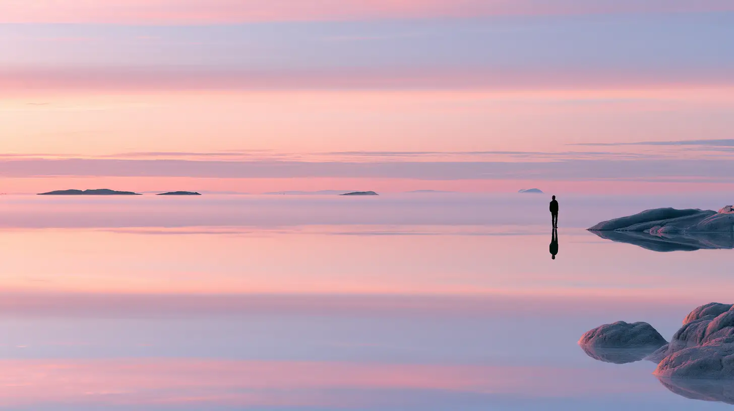 Lone figure on pastel sunrise salt flat reflection