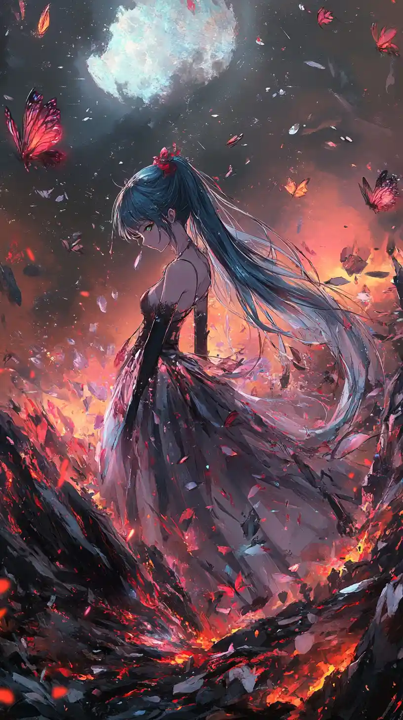 Anime girl sleeping inside a bright crystal in lava