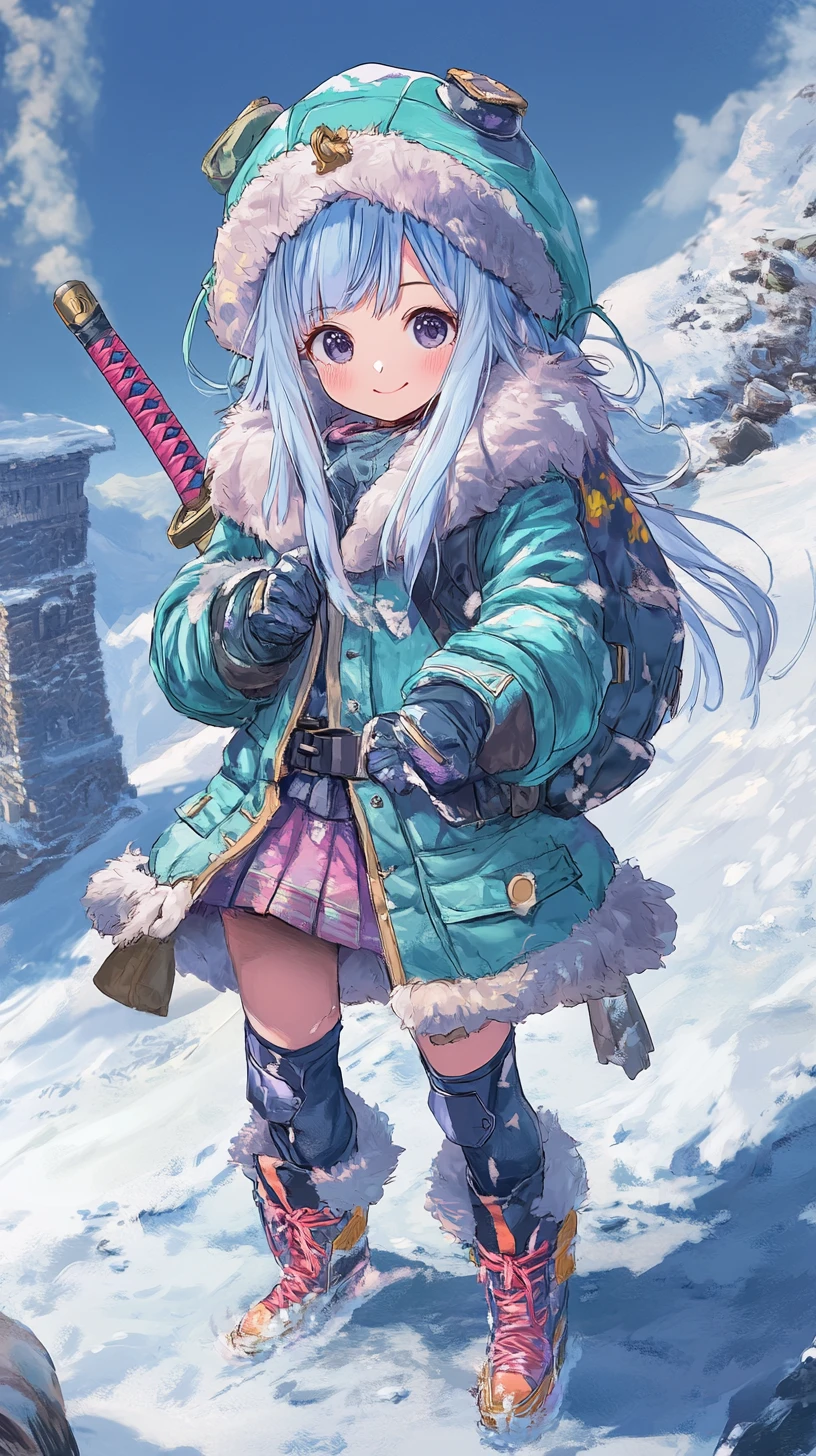 Anime girl floating above colorful underwater ruins