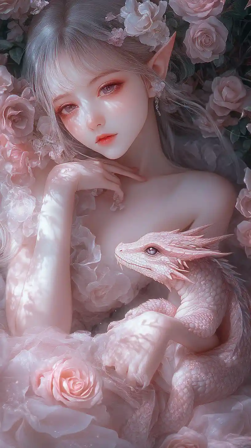 Anime fairy girl resting with baby dragon in rose garden