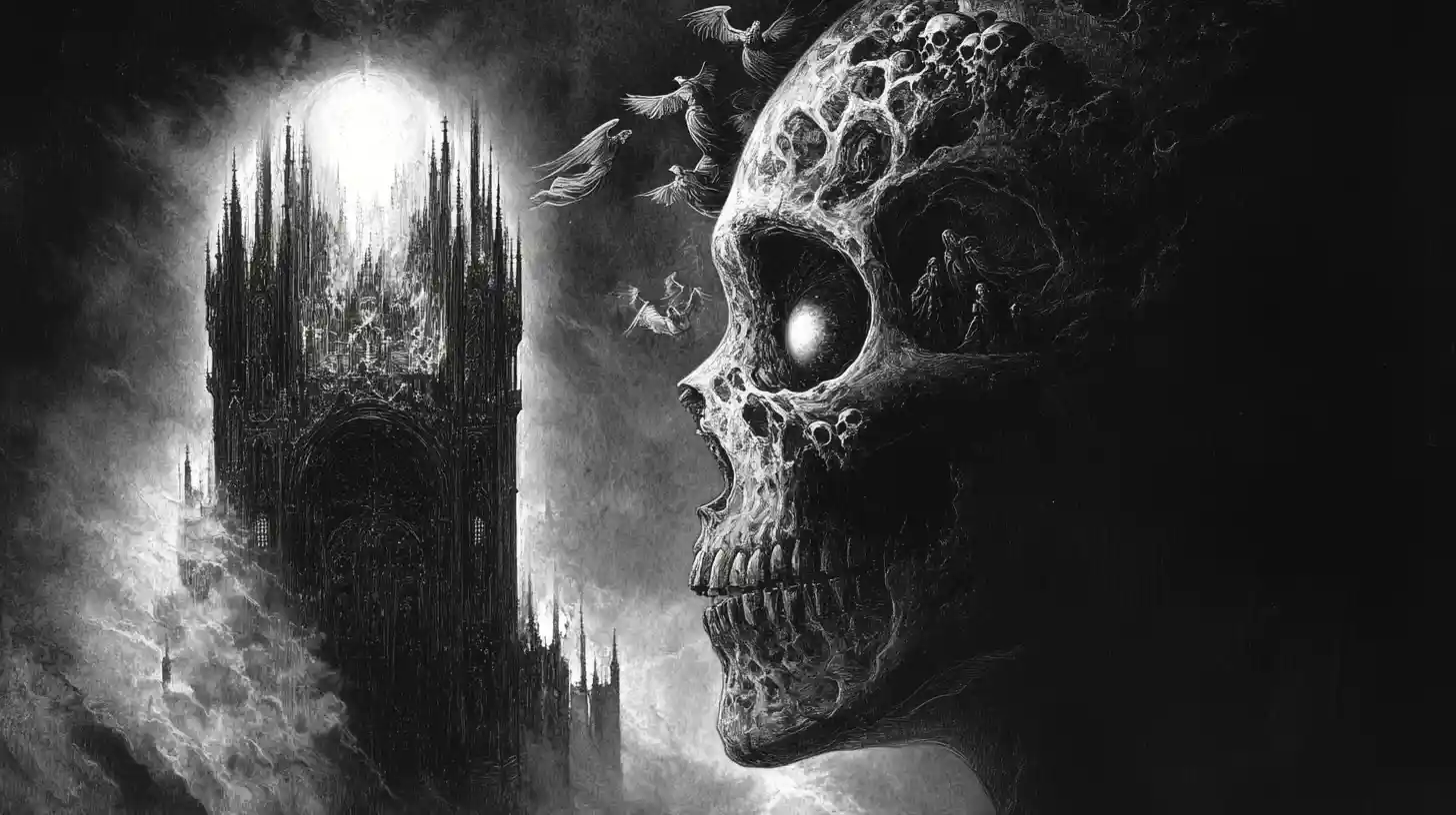 Gothic cathedral carved into a hollow human side profile