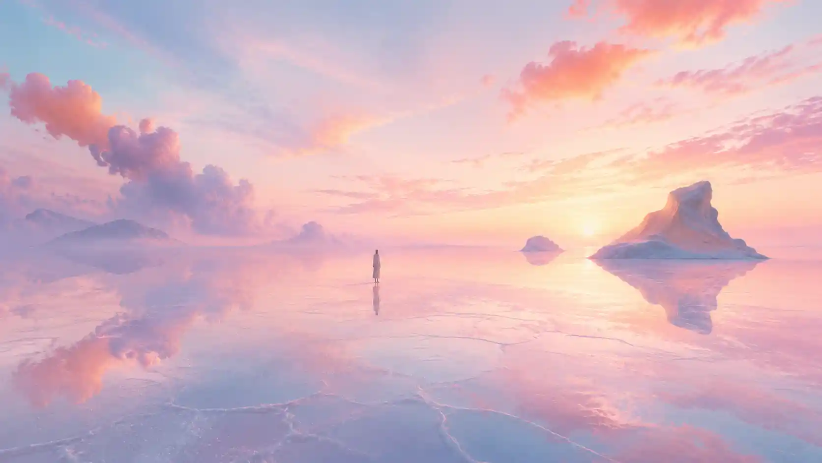 Lone figure on pastel sunrise salt flat with distant islands
