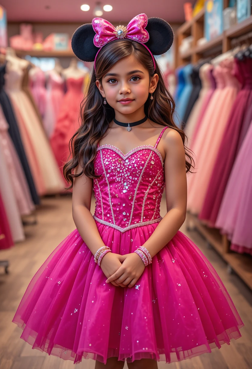 Embarrassed young girl in pink Minnie dress shop portrait