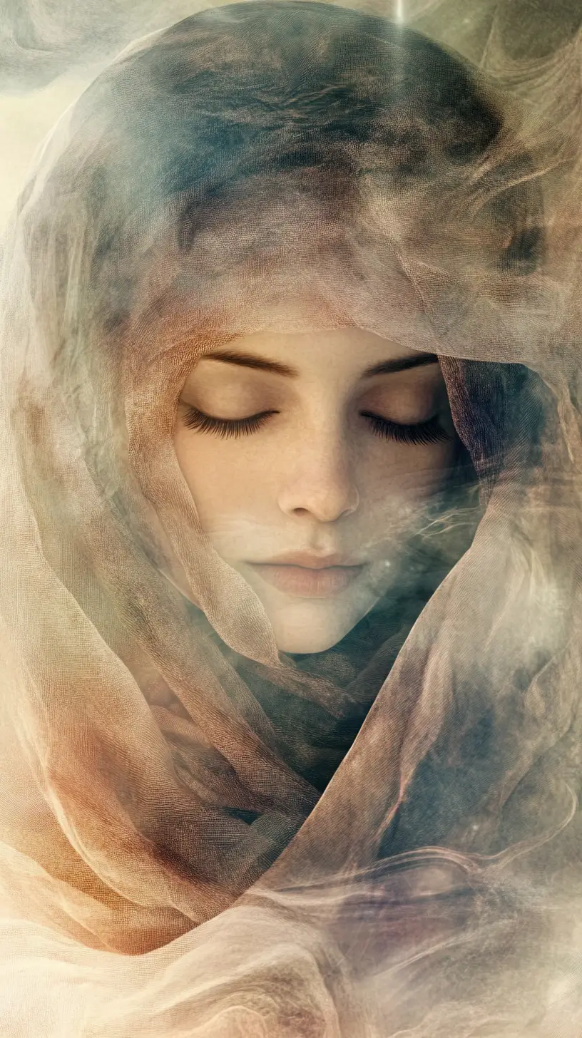 Veiled oracle woman with surreal landscapes in soft light