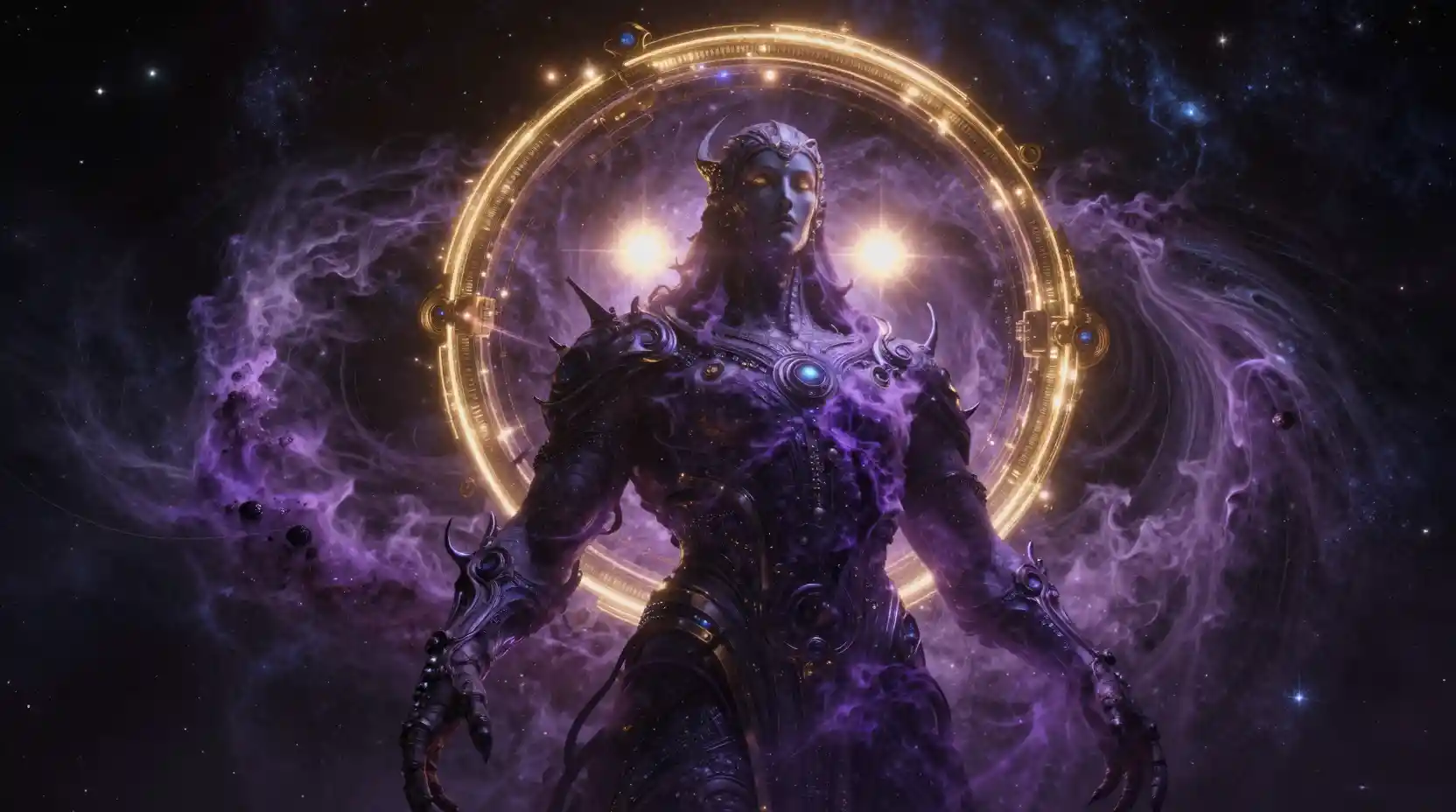 Ancient cosmic god awakening amid nebula dust and stellar rings