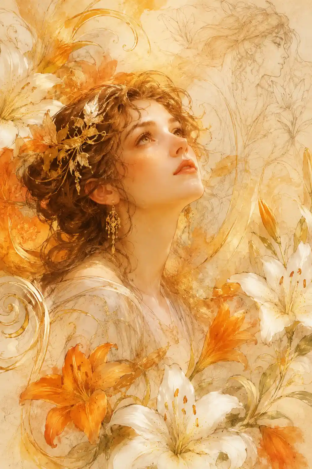 Elegant woman with white and orange lilies in art nouveau moodboard