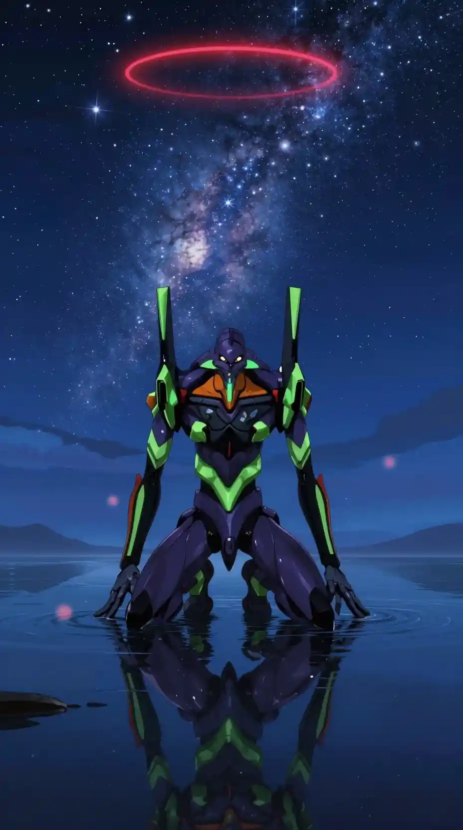 Neon mecha kneeling in a flooded night cityscape