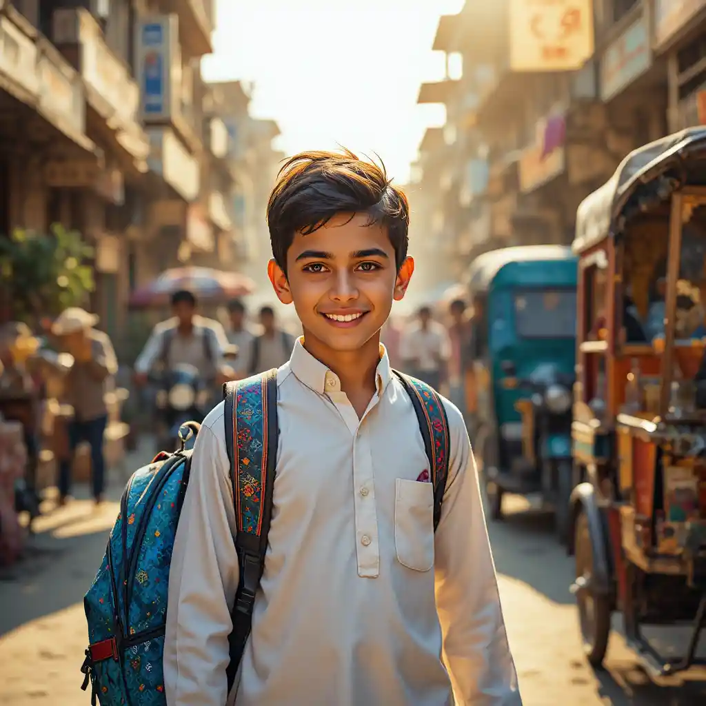 Smiling schoolboy walking home through a busy Lahore street