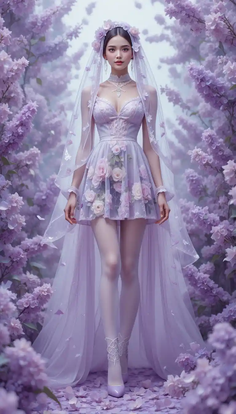 Girl In Sheer Lilac Veil Surrounded By Falling Petals