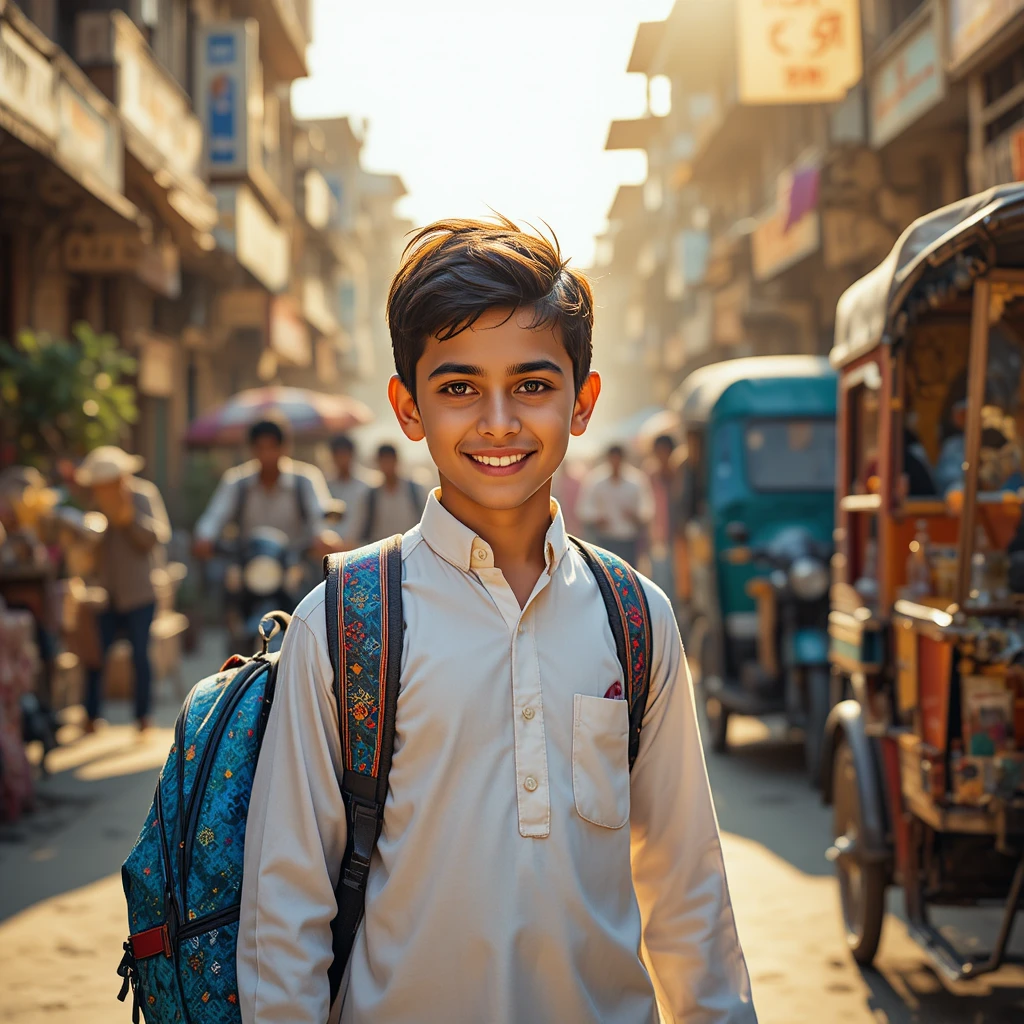 Smiling schoolboy walking home through a busy Lahore street