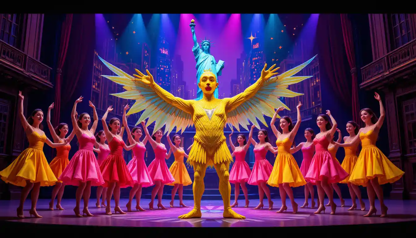 Colorful stage show with yellow bird performer and dancers