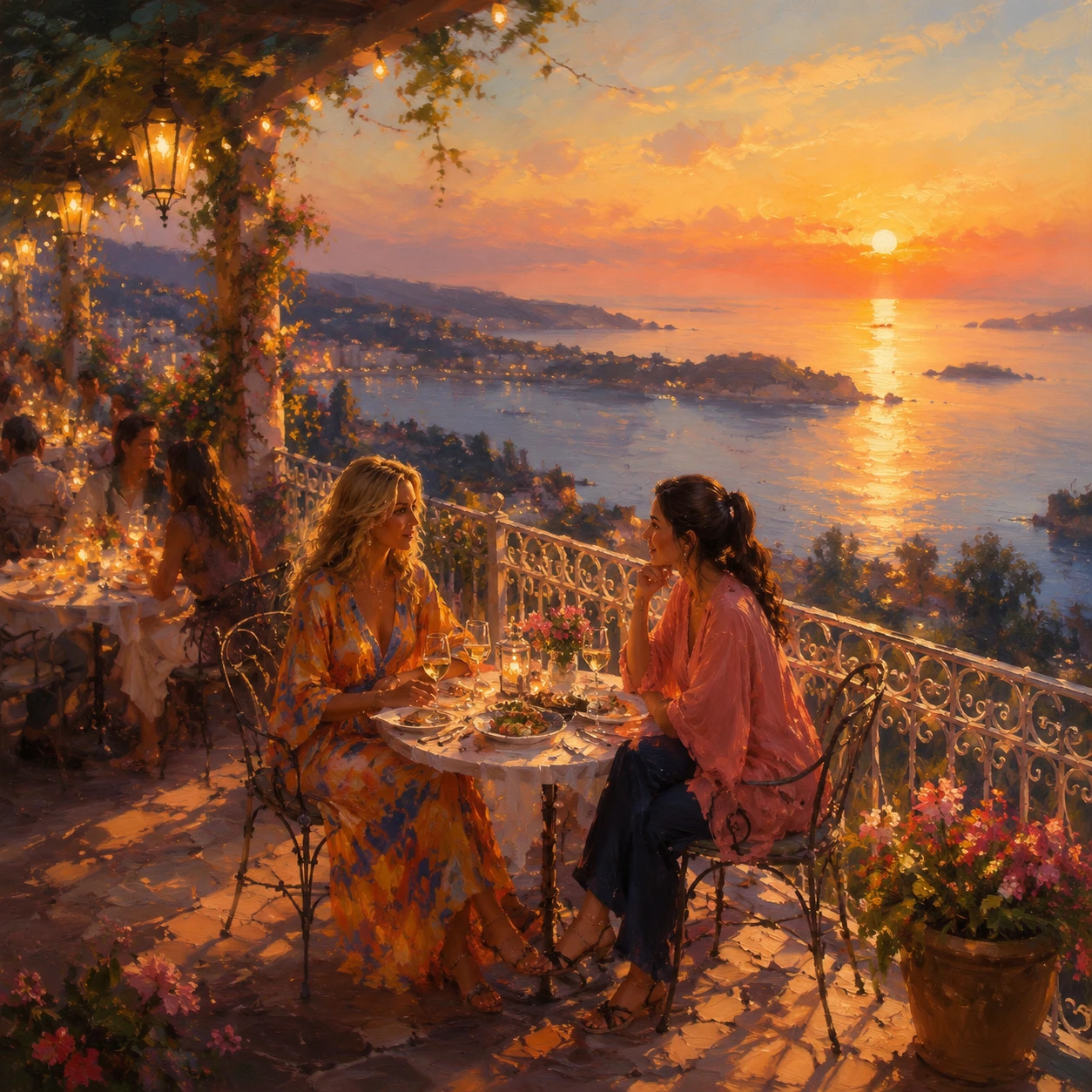 Vista aérea de la terraza de un restaurante al atardecer en Galicia
