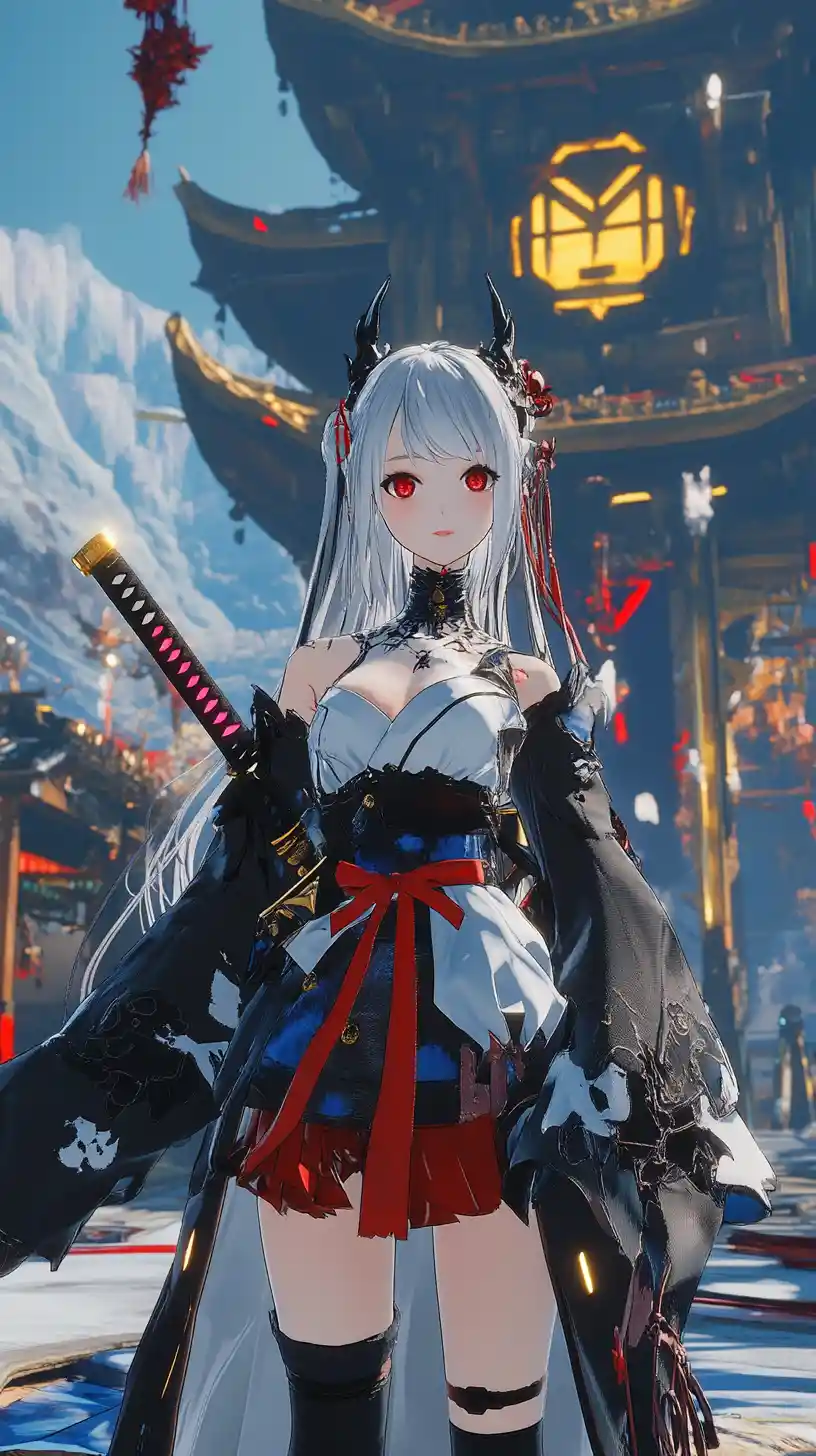 Anime girl with katana facing ghostly puppets in market