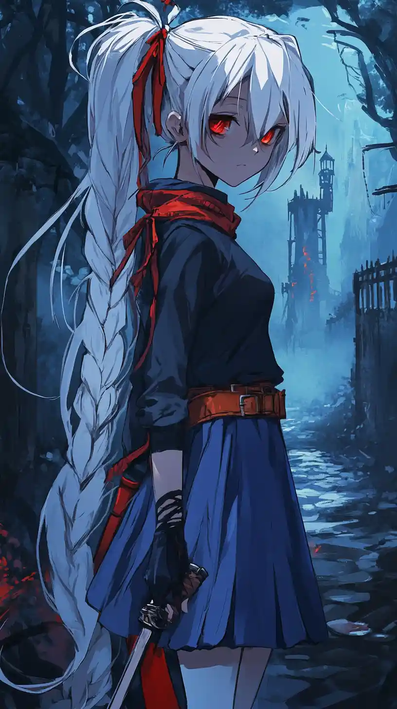Anime girl with katana standing on a foggy forest path
