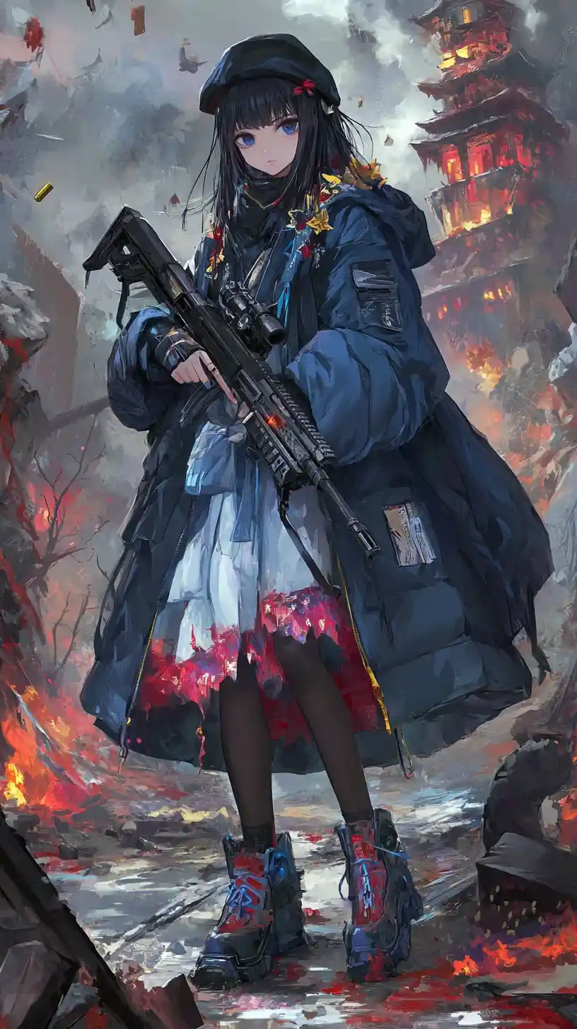 Girl in blue coat with scarf and floral autumn skirt