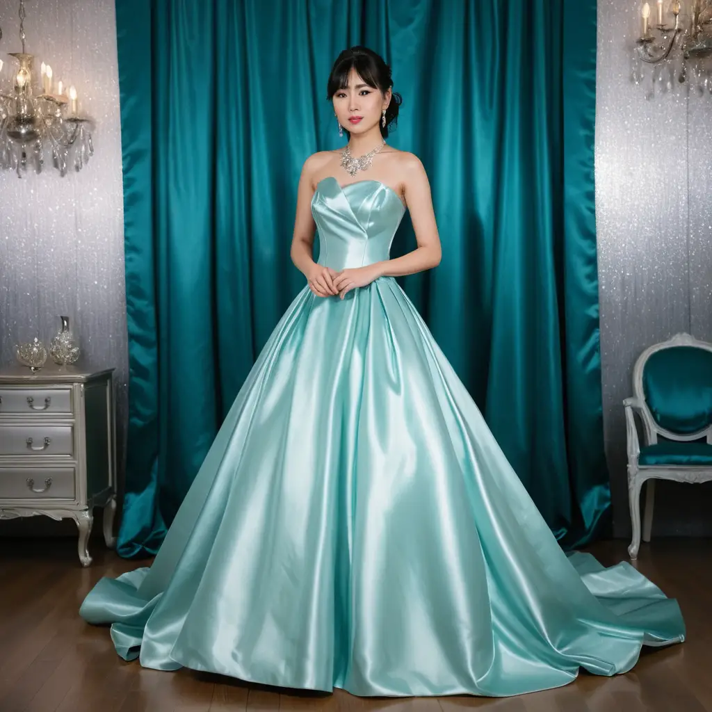 Elegant girl in glossy turquoise satin ballgown indoors