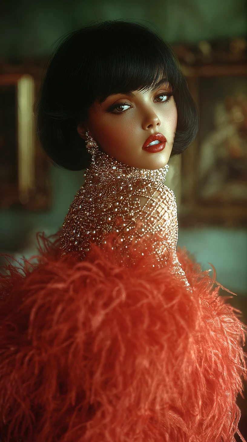 Whimsical fashion portrait in orange ostrich feathers