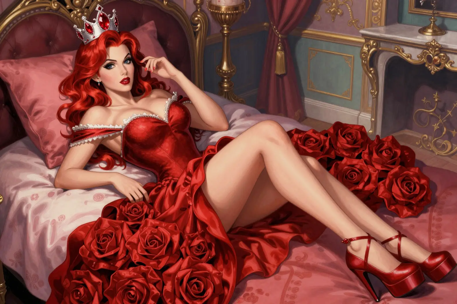 Red haired queenly woman on heart shaped royal bed
