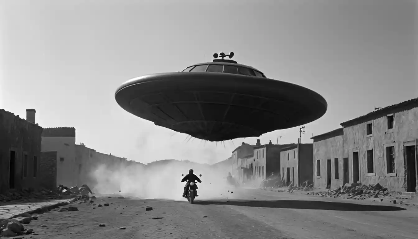 Ufo Tractor Beam Lifting Lone Human In Dark Sky