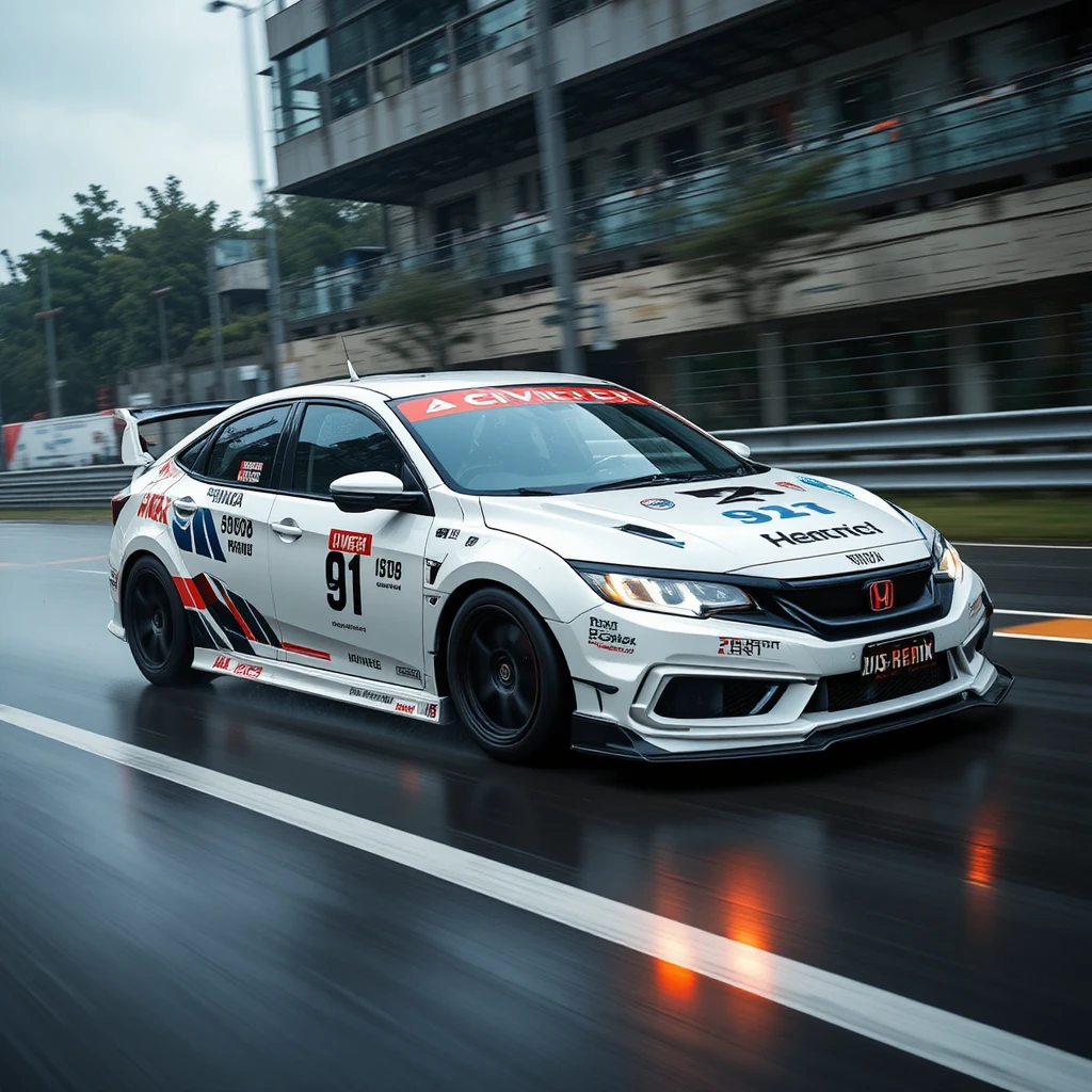 White tuned car racing fast on wet city streets