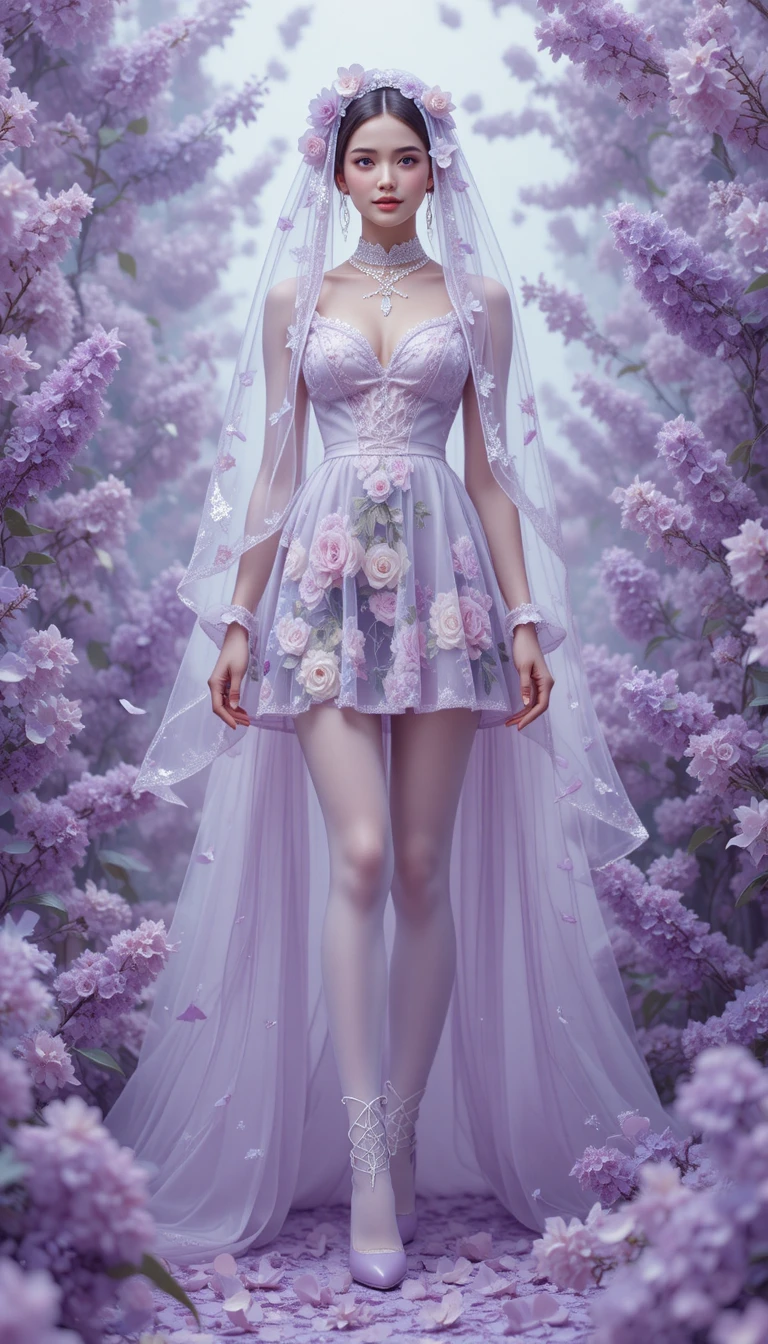 Girl In Sheer Lilac Veil Surrounded By Falling Petals
