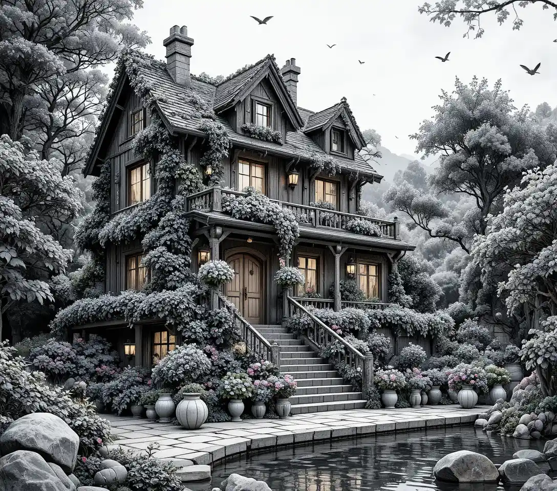 Fairy tale wooden house covered in cascading garden flowers