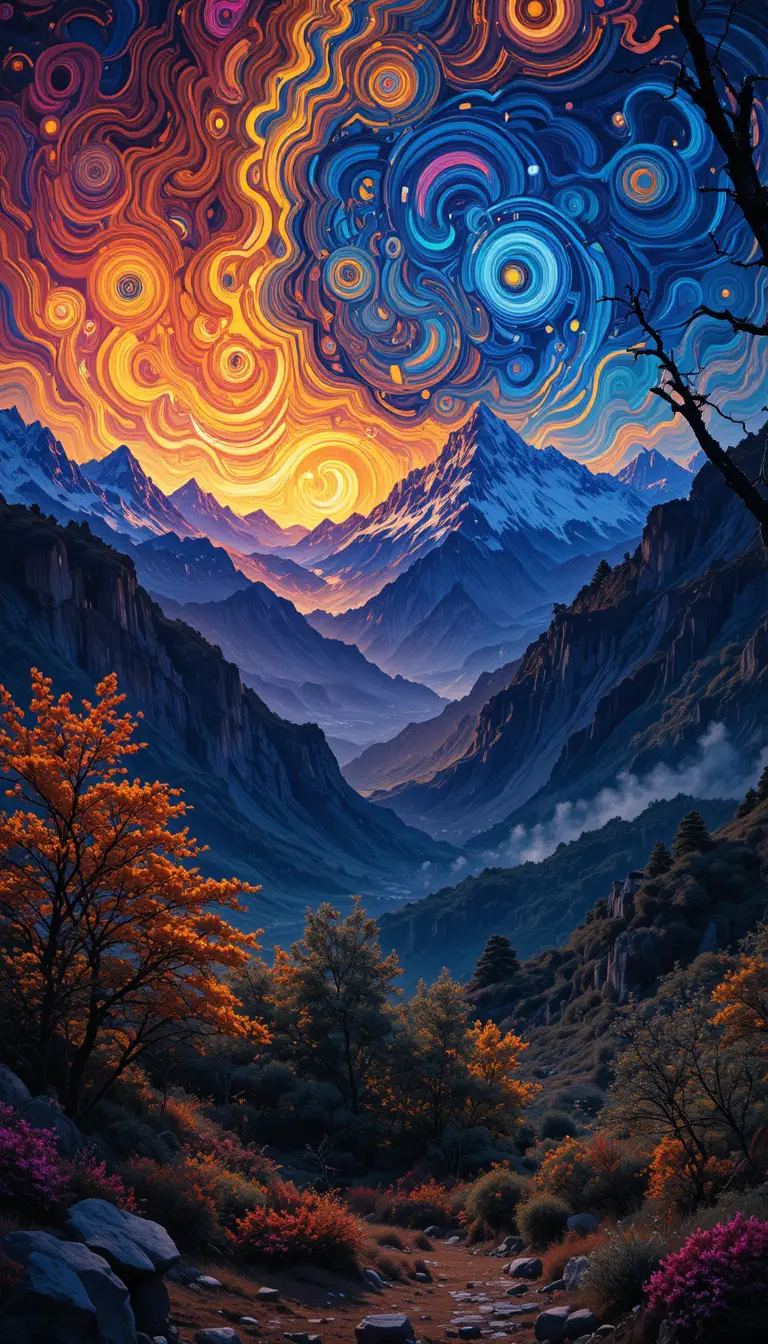 Vibrant neon mountains inspired by post impressionist style