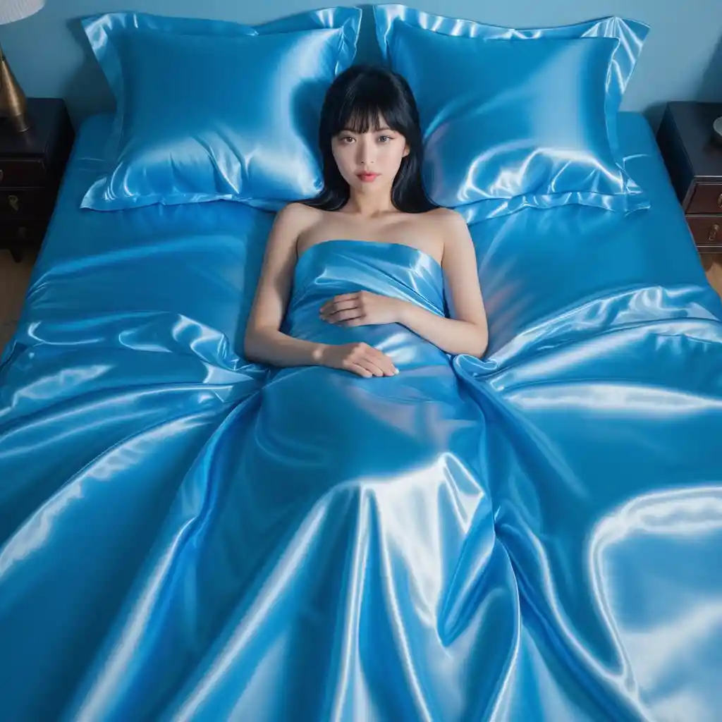 Japanese woman lying on vivid blue satin bed sheets