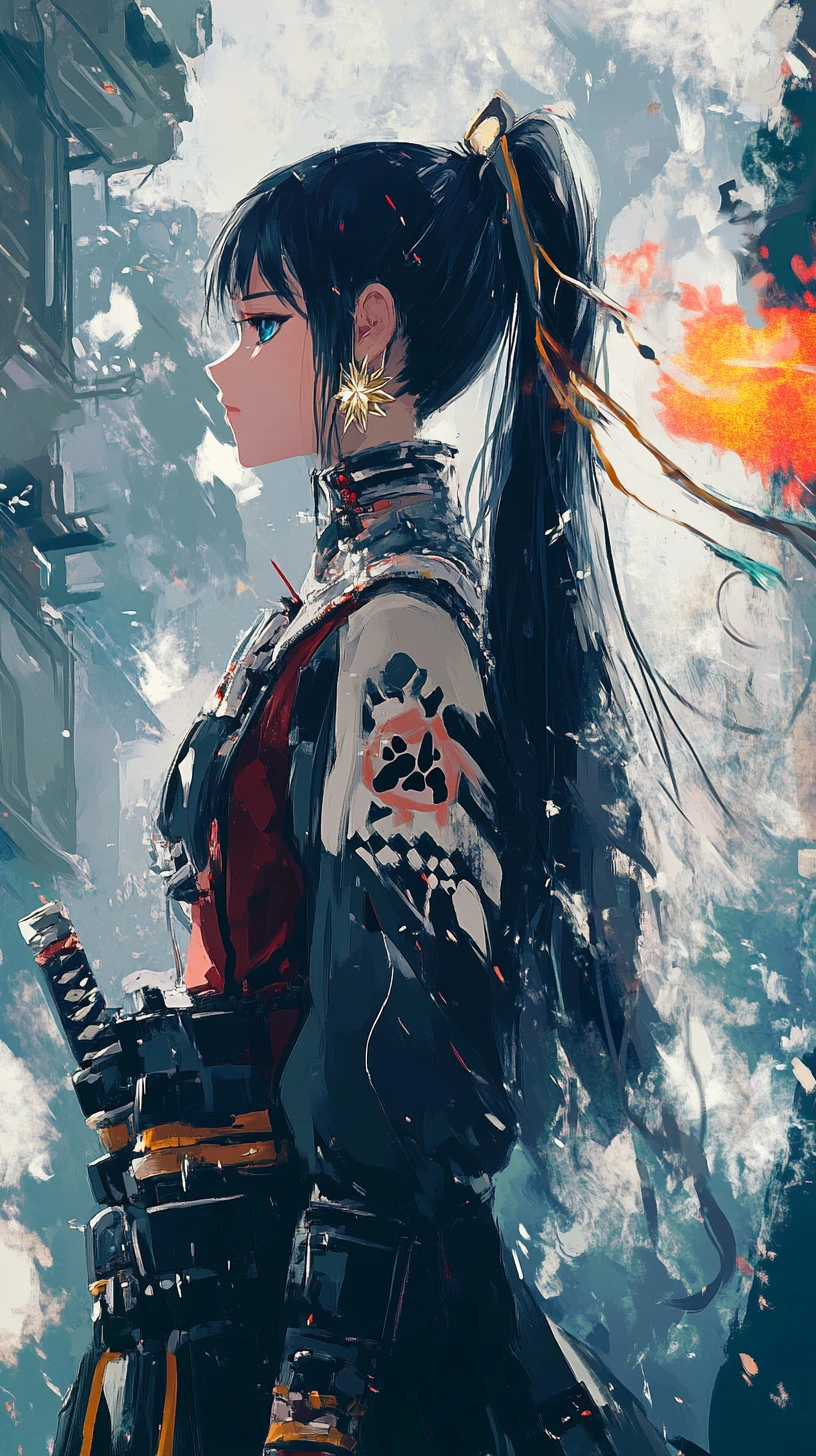 Anime girl with burning flare in front of stadium