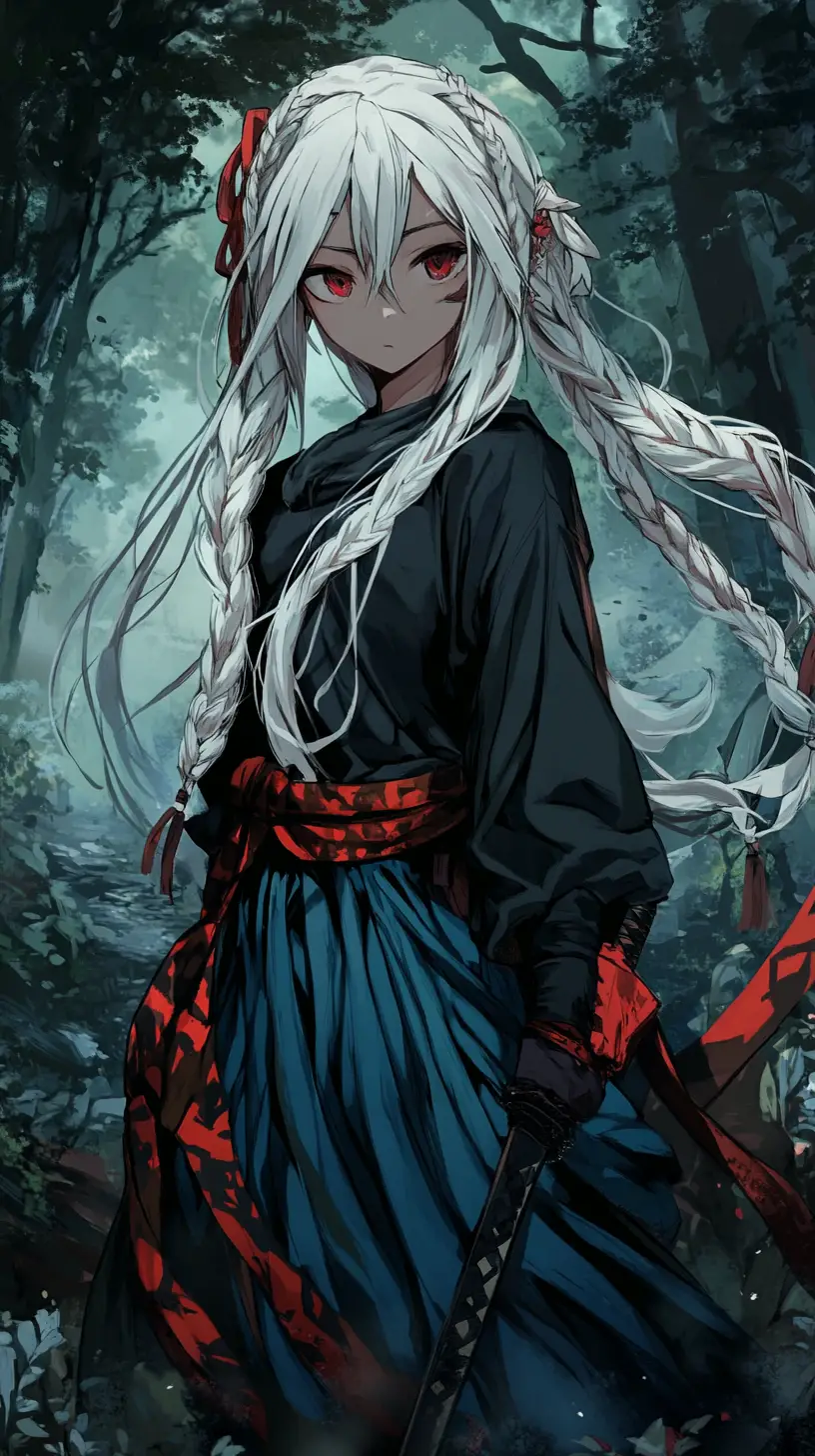 Ragazza anime con katana nella nebbia inquietante della foresta