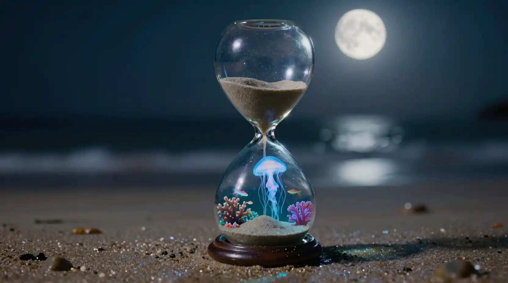 Surreal glass hourglass ocean glowing on a midnight beach