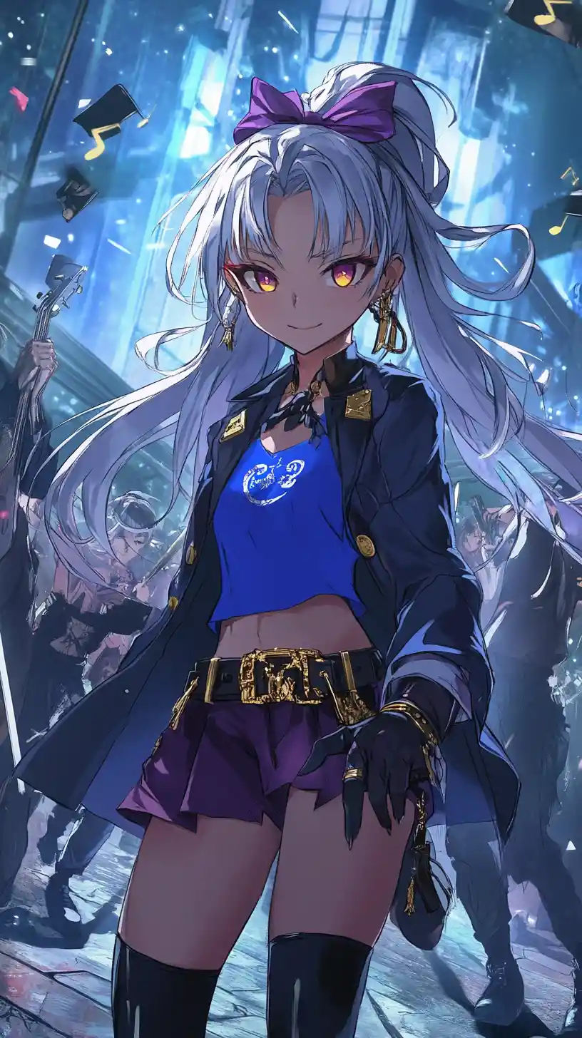 Anime girl playing music on stage with dancers