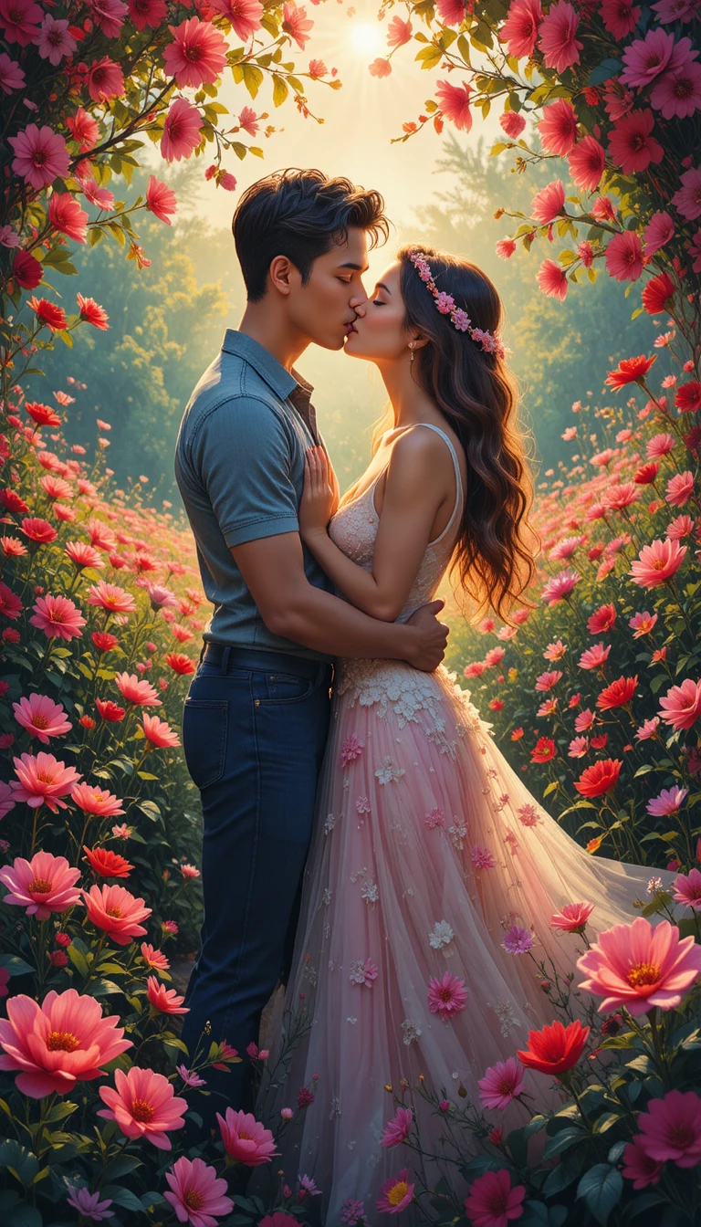 Romantic couple embracing in a colorful flower field