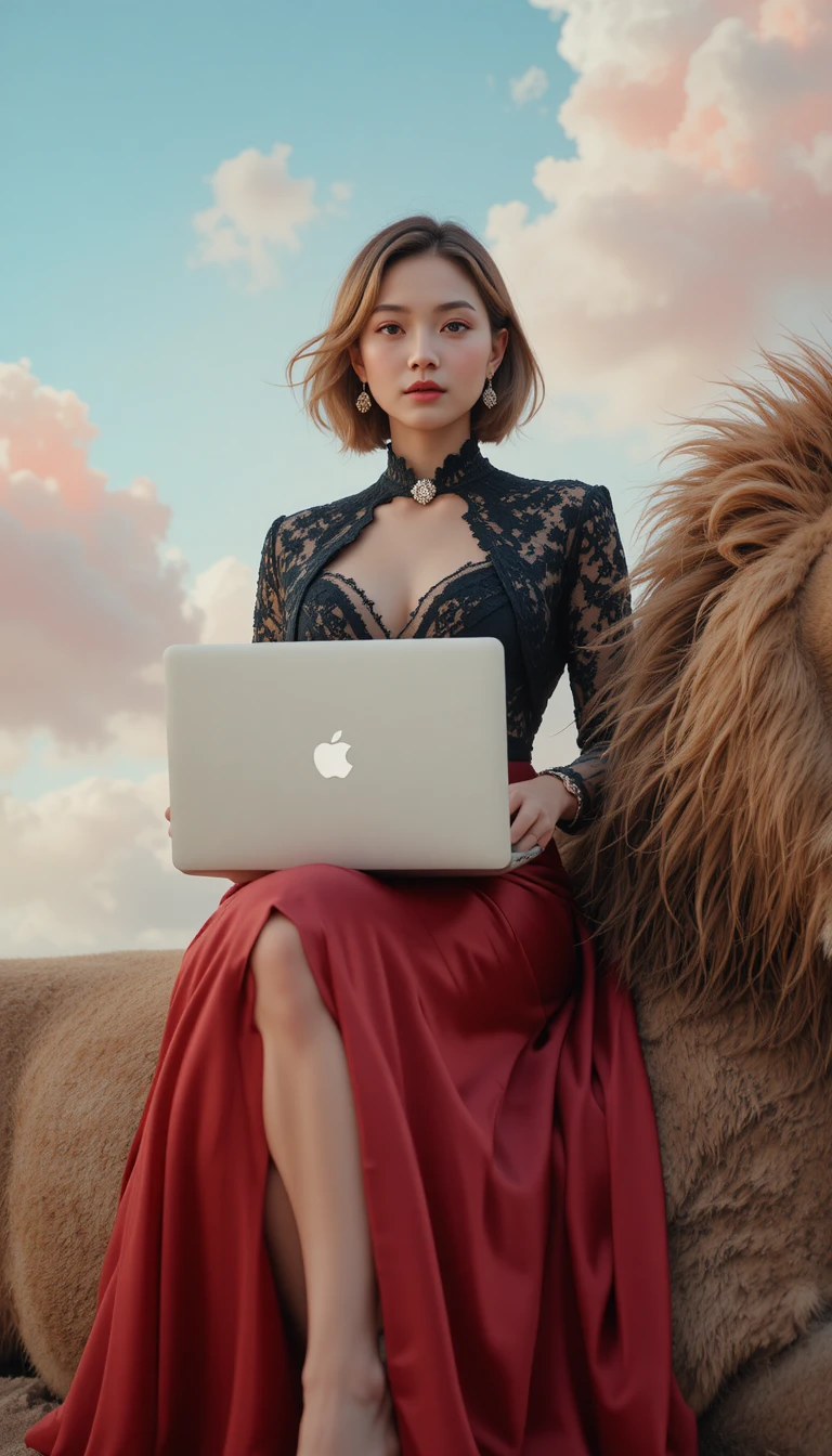 Woman on lion with laptop in surreal fashion portrait
