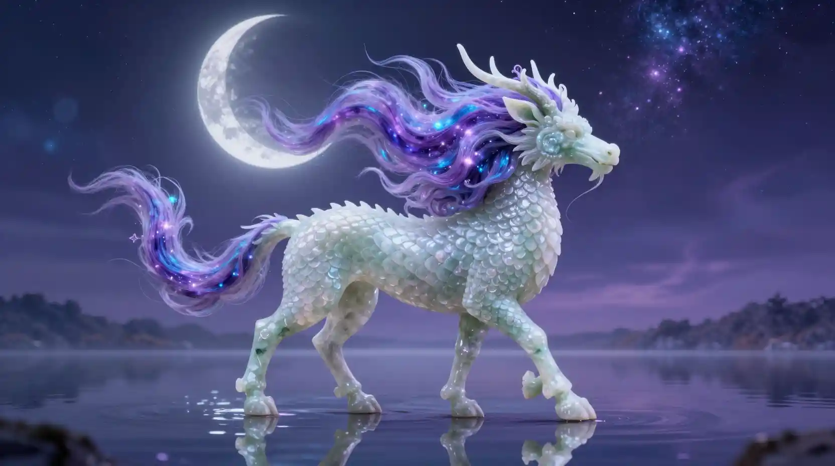 Mythical Qilin Walking Across A Mirror Lake At Twilight