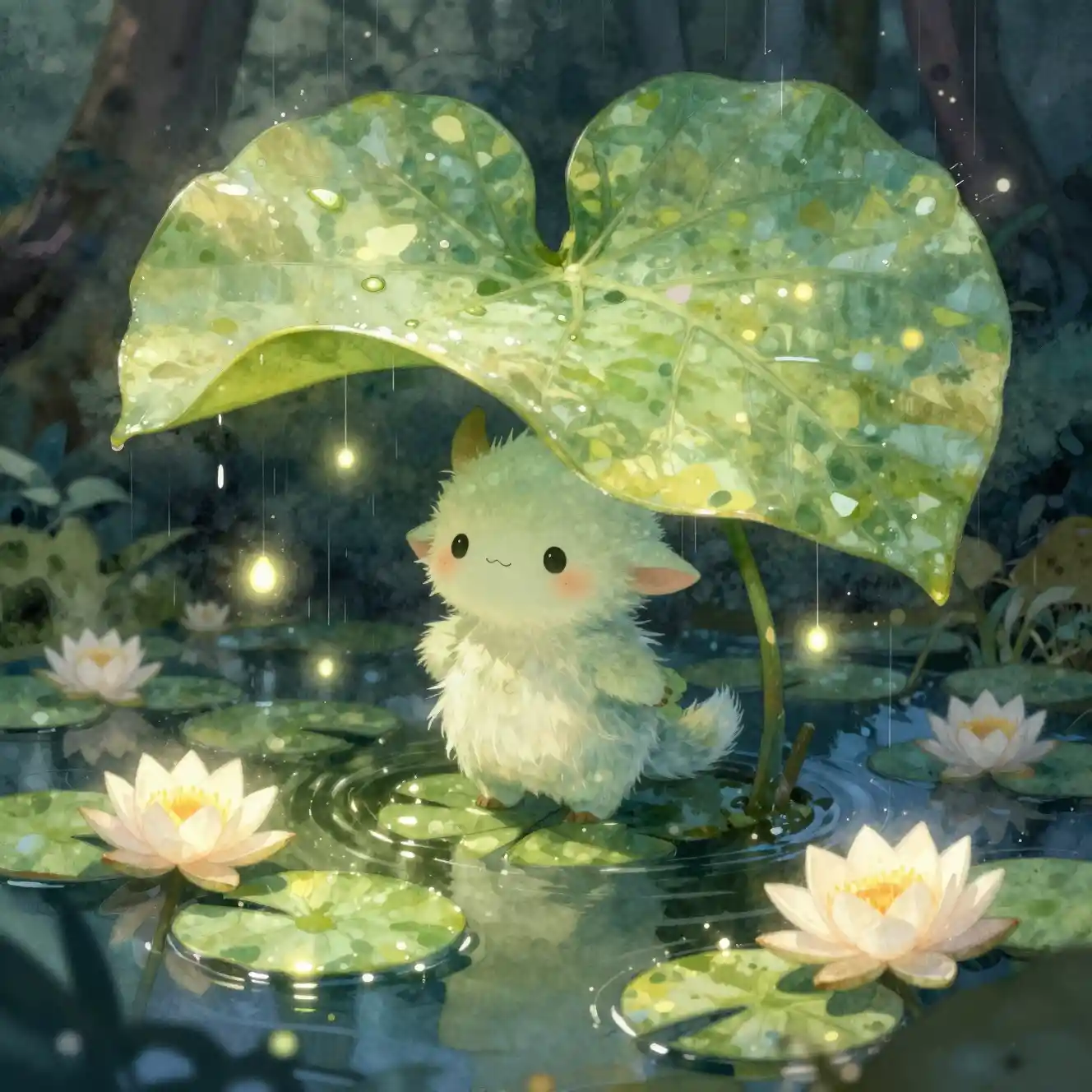 Cute forest spirit hiding beneath a giant leaf