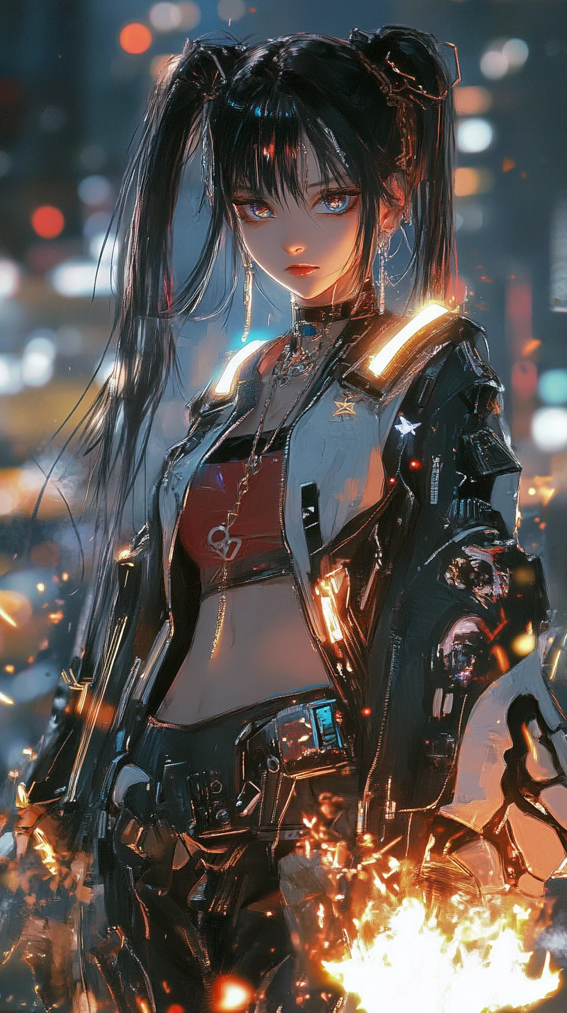 Anime girl with burning flare outside a large stadium